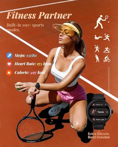TOOBUR Damski smartwatch okrągły z dwoma paskami, sportowy smartwatch, liczący kroki, kalorie, kompatybilny z systemem Android i iOS, odbieranie i wykonywanie połączeń, ekran dotykowy HD, czarny