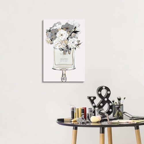 Image of HILL WEST Elegant Floral Canvas Wall Art - Perfume Bottle Picture Modern Fashion Prints Black White Flower Painting Artwork Home Decor for Bedroom Makeup Room