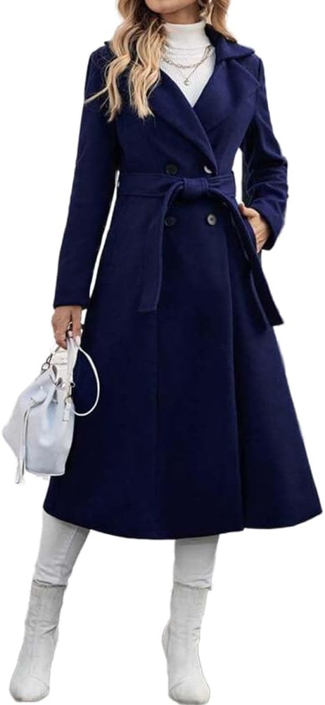 Mywinway Wool Coats for Women Fall Winter Casual Peacoat Notch Lapel Double Breasted Midi Long Trench Coat Overcoat
