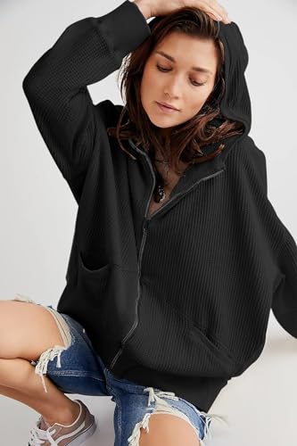 Image of Womens Fashion Zip Up Hoodies Oversized Waffle Knit Jacket Shirts Long Sleeve Solid Shacket Blouse with Pockets