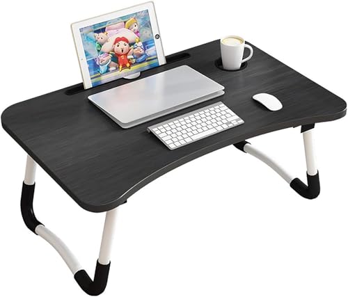 Primo Plus Portable Folding Laptop Table Black Surface with White Legs Tablet Holder Cup Holder Versatile for Bed and Sofa