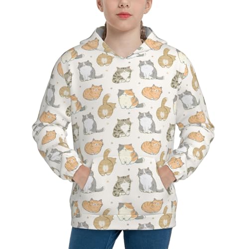 Hand Drawn Cute Cat Kid Hoodies Boys Sweatshirts Girls Pullover with Pocket