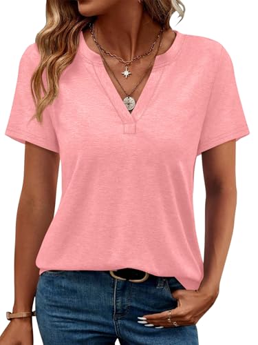 Image of WEESO Womens Tops Summer Short Sleeve V Neck Blouses Business Casual Loose Fit Tshirts Trendy Fashion Outfits