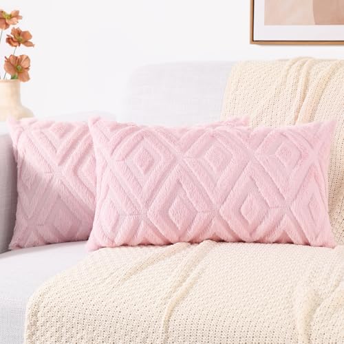 decorUhome Fall Faux Fur Light Pink Throw Pillow Covers 12x20 Set of 2