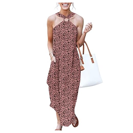 ANRABESS Feminino Vestido De Verão Feminino Com Decote Halter, Sem Mangas, Fenda Lateral, Casual, Praia, Viagem, Férias, Maxi Vestido Longo Com Bolsos, Leopardo, Extra Grande