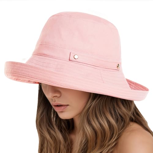 KEOYA Women's Cotton Linen Sun Hat SPF50+ Breathable Wide Brim Bucket Hat Adjustable Button Detachable Elastic Cord Pink