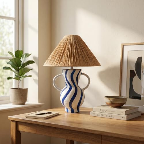 Image of Handcrafted Bedside & Living Room Table Lamp | Handpainted Paper Mache | Natural Raffia Shade | E27 Holder with Bulb Included | Accent Light, Decor Lamp for Bedroom, Study & Home Decor
