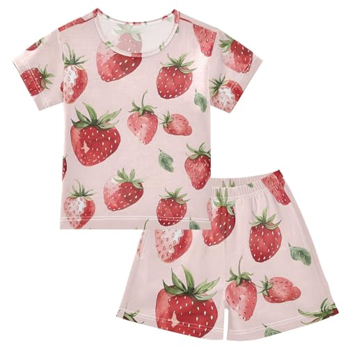 ALAZA Strawberry Watercolor Hipster Pajamas Set Short Sleeve Cotton Sleepwear Summer Pjs 2 Piece 5-14Y