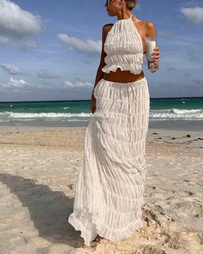 Womens Y2k Maxi Skirt Set Backless Lace Halter Crop Top and Long Skirt Sets Beach Cocktail Club Dress 2 PCS Outfit4