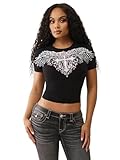 True Religion Women's Crystal Wing Baby Tee – Short Sleeve Fitted Crewneck T-Shirt, S Jet Black