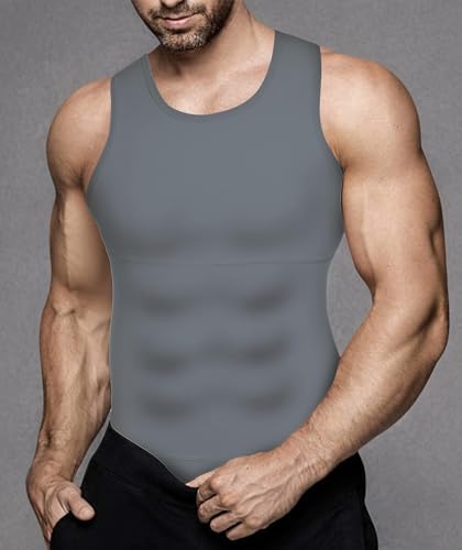 Mens Compression Shirt Vest Workout Tank Tops Abs Abdomen Undershirts - Grey, Large - Thumbnail 6