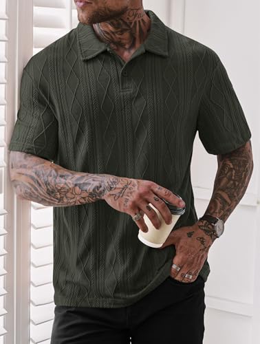 Mens Textured Knit Polo Shirts Loose Fit Stretch Casual Summer Collared Shirt (S-XXL)4