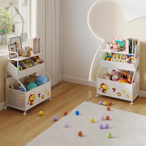 BBLIKE Toy Storage Organizer with Wheels - 3-Tier Kids Large Toy Box, Toy Chest Storage for Boys Girls Toddlers, Kids Bookshelf with 3 Fabric Toy Boxes for Playroom, White - Thumbnail 4