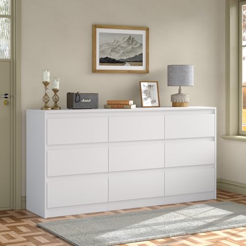 Furniouse Modern 9 Large Storage Drawers Dresser for Clothes Organizer, White Modern Chest of Drawers for Closet,63