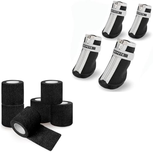 QUMY Black Small Dog Shoes in Size 5 and Black Vet wrap self Adhe...