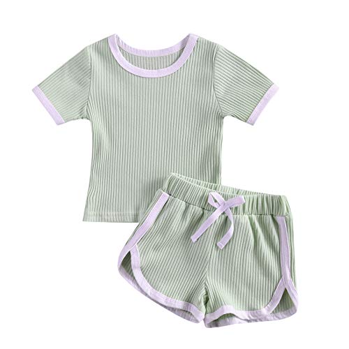2PCS Baby Boys Girls Ribbed Knit Outfits Stripe Lounge T-Shirt Top + Pant Toddler Unisex Cotton Clothes Set (Shorts Set Light Green, 0-6month)