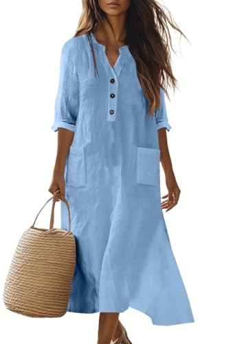 Robe été femme coton lin midi au design bohème boutonné chic