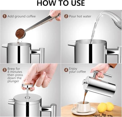 Meelio French Press Coffee Maker, 600ml/20oz Silver Stainless Steel Coffee Press, Double-Wall Insulated, Food Grade & Rust-Free, Included 2 Extra Filters, Dishwasher Safe — view 5