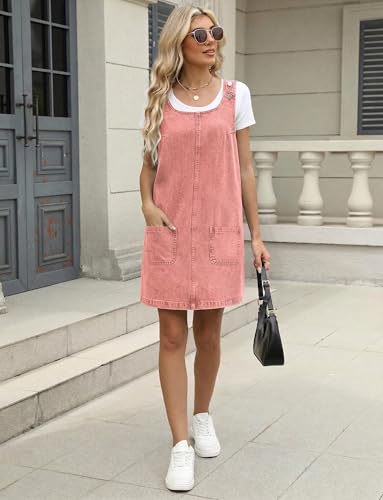 Image of Xaspee Denim Overall Dress for Women Casual Mini Sleeveless Jean Vintage Jumper Skirt Dress with Pockets