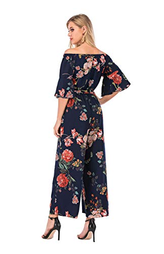 Love Welove Fashion Women's Summer Floral Off Shoulder Ruffled Short Sleeve High Waist Wide Leg Pants Casual Loose Jumpsuit Romper (S, Navy Floral) #TOP4