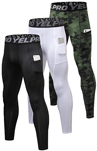 Queerier 3 Pack Men's Compression Pants Active Athletic Leggings With Pockets Running Baselayer Tights Cycling Workout Pants #TOP13