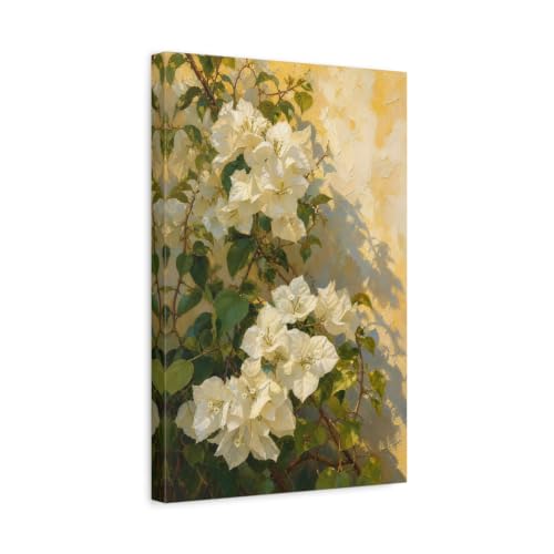 Tableau bougainvillier blanc impressionniste au-dessus de la cheminée du salon