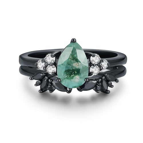 IRROYA Moss Agate Wedding Rings Set for Women Black Gold Plated Size 5