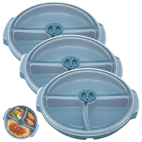 GBKDQQ Lot de 3 assiettes à micro-ondes avec 3 compartiments et couvercle, couvercle avec aération, sans BPA, passe au lave-vaisselle (bleu)