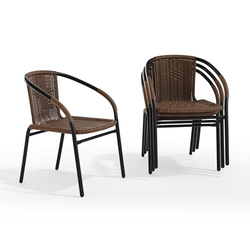 Image of EMMA + OLIVER Set of 4 Modern PE Rattan Stack Chairs, Indoor /Outdoor Patio Dining Chairs, No Assembly Required, Brown
