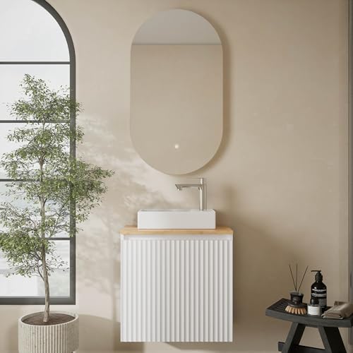 Planetmöbel Badmöbel Set Waschtisch mit Unterschrank 56 x 55 x 30 cm weiß & Gold Eiche, Badspiegel mit Beleuchtung, 50,7 x 90,7 cm, Rahmenlos, oval, 2 Lichtstufen, Touchschalter