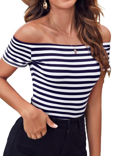LilyCoco Striped Off The Shoulder Tops for Women Short Sleeve Sex...