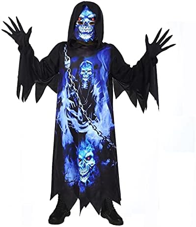 Sincere Party Grim Reaper Costume For Kids,Phantom of the Darkness,Spooky Black Robe with Spooky Gloves,Printed Mask.