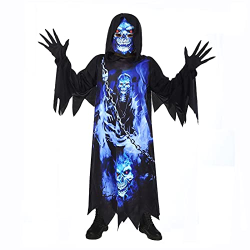 Sincere Party Grim Reaper Costume For Kids,Phantom of the Darkness,Spooky Black Robe with Spooky Gloves,Printed Mask 6-8years.