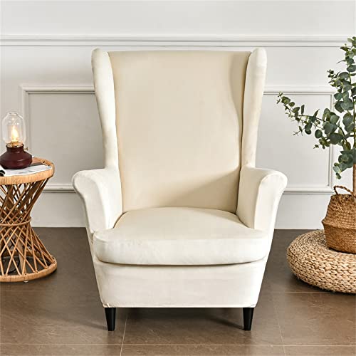 MINGPINHUIUS - Wing Chair Slipcover 2 Piece Set - 2 IN 1 Design Removable Soft Velvet Wingback Chair Covers Armchair Stretch Covers Furniture Protector for Wingback Chairs Living Room Bedroom Hotel (Beige)
