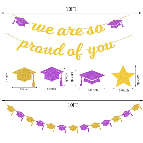 Image of Purple White-Gold Party-Decoration Graduation Banner - 8pcs Kits Cap Garland Streamers, Paper Tissue Pom Poms Flowers,We are So Proud of You Congratulations Grad 2024 Decor Lasting Surprise