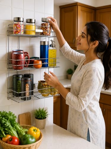Image of 3 Layer Wall Mount Stainless Steel Multipurpose Storage Rack /Shelf,Kitchen Rack and Shelves for Storage - 3 Tier Rack for Kitchen and Bathroom,Utensil Storage for House