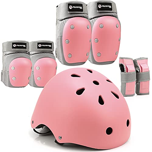 Purpol Kids Youth Bike Helmet Set Skateboard Knee Pads Elbow Pads Wrist Guards Adjustable for 3~14yrs Girl Boy Kids Protective Gear Set for Sport Cycling Roller Skating Scooter