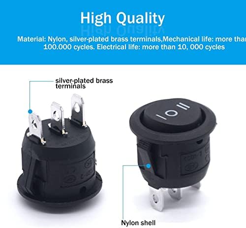 Taiss/8Pcs Round Rocker Toggle Switch Black AC 250V/10A 125V/12A ON/Off/ON 3 Pin 3 Position SPDT Latching KCD1-5-103-BK