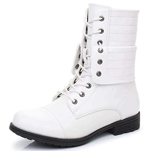 GLOBALWIN Women's White Lace Up Military Combat Boots Mid Calf Low Heels Ankle Booties for Women, White, 9M