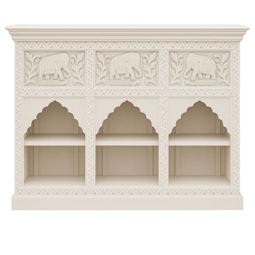 Marrakech Hasana - Cómoda oriental - 3 - tallada a mano de madera maciza con diseño de elefante | estantería india en estilo bohemio vintage | aparador con compartimentos abiertos | mueble único 132 x