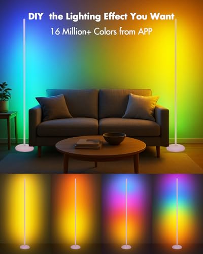 Image of LED Corner Lamp, Smart RGB Floor Lamp with Music Sync, APP & Remote | Floor Lamp Dimmable with 16 Million Color Changing, Music Sync, Standing Lamps for Bedroom, Living Room, Gaming Room - Silver