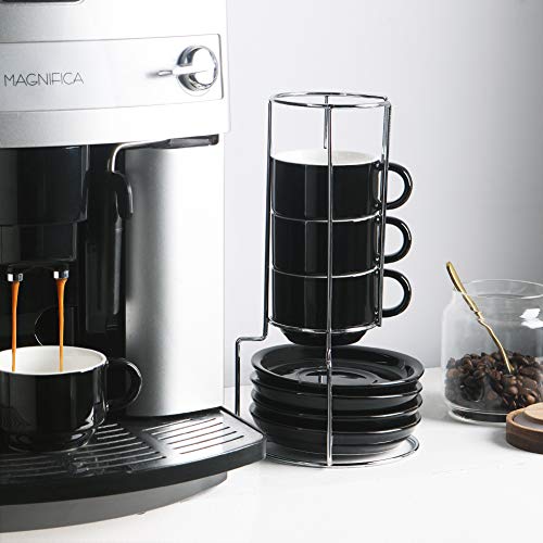 Sweejar Porcelain Cappuccino Cups With Saucers And Metal Stand, 8 Ounce Stackable Espresso Cups For Specialty Coffee Drinks, Latte, Americano, Tea - Set Of 4 (Black) #TOP5