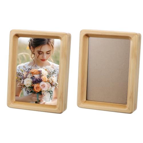 sourcing map 4 x 5inch Natural Wood Photo Frames 2pcs Mini Wooden Finish Picture Frame Tabletop Photo Frame with Mat for Desktop Display Wall Mounting Wood color