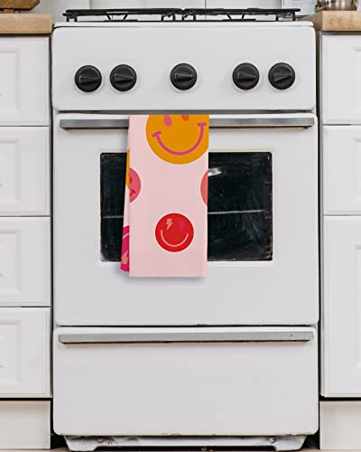 Hot Pink Preppy Smiley Face Lightning Bolt Eye Bath Towels Tea Towels,16X24 Inches Cotton Modern Dish Towels Dishcloths,Dish Cloth Flour Sack Hand Towel For Bathroom College Dorm Decor,Teen Girls Gift #TOP2