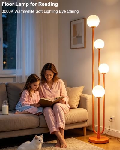 Image of Lightdot Orange Globe Floor Lamp 4-Lights Dimmable Floor Lamps with 3000K Bulbs Included Unique Mid Century Modern Tall Standing Lamp with 5Lbs Heavy Base for Living Room /Bedroom /Sofa Beside