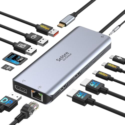 Selore USB C Docking Station Dual Monitor 13-in-1 Laptop Docking Station 3 Monitors with 4K DP+4K HDMI+100W PD+RJ45 Ethernet+USB 3.1&2.0 port+SD/TF+3.5mm Audio Compatible for Macbook Dell HP