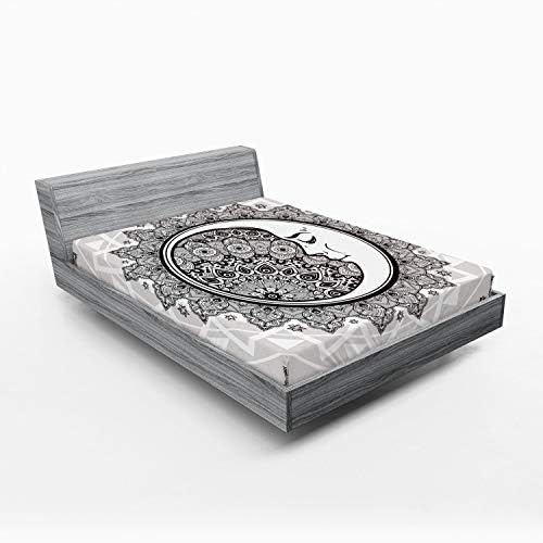 Ambesonne Mystic Fitted Sheet, Ornate Crescent Moon with Stars and Mandala Eastern Graphic, Soft Decorative Fabric Bedding All-Round Elastic Pocket, Queen Size, White Beige