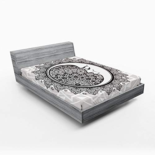 Ambesonne Mystic Fitted Sheet, Ornate Crescent Moon With Stars And Mandala Eastern Graphic, Soft Decorative Fabric Bedding All-Round Elastic Pocket, Queen Size, White Beige #TOP3
