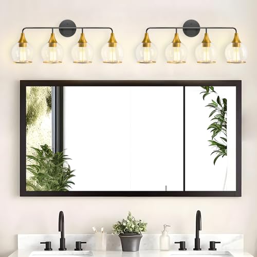 Image of 4-Light Bathroom Light Fixtures, Black Gold Modern Vanity Lights with Clear Glass Shade, Bathroom Wall Lamp for Mirror Living Room Hallway Cabinet Porch, ETL Listed