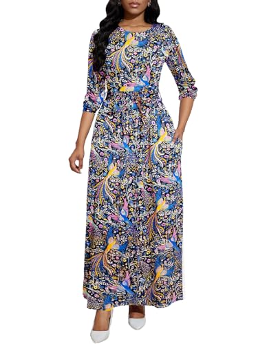 Image of BubFee Long Dress for Women Casual Long Sleeve Dresses Maxi Dress Empire Waist Loose with Belt